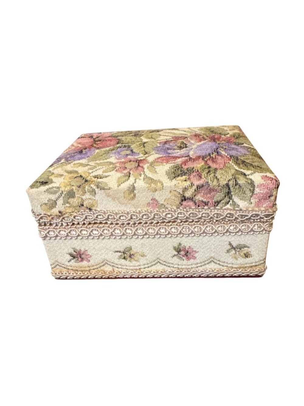Vintage Sankyo Tapestry Floral Fabric Trinket Box Music Jewelry Box